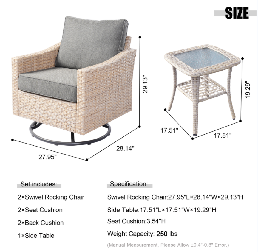 3 Pieces Patio Wicker Swivel Chairs with Cushions and Glass Top Table A461453