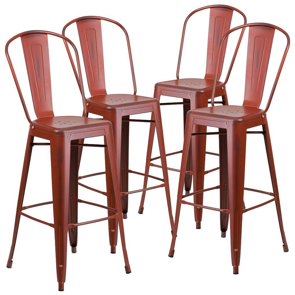 30'' High Distressed Kelly Red Metal Indoor-Outdoor Barstool with Back P4331