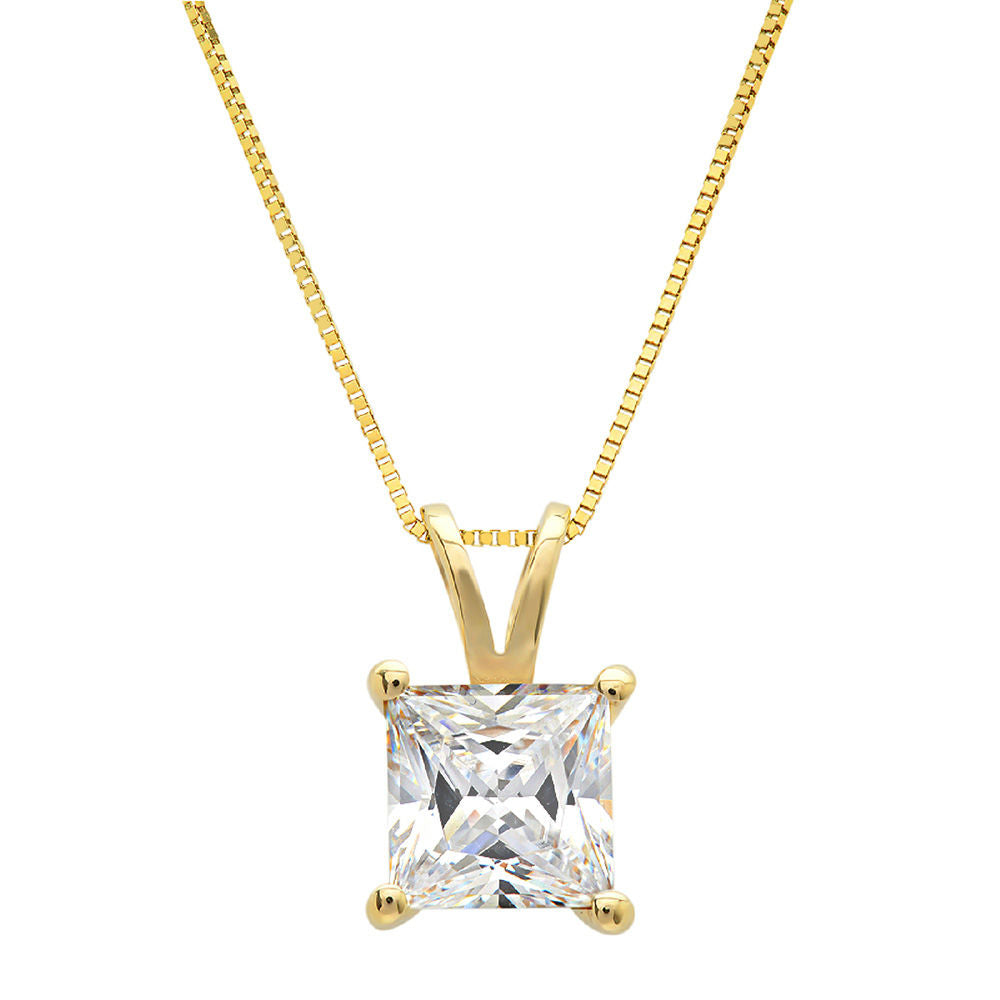 18k Yellow Gold Princess Cut Moissanite Pendant with 16" Solid Gold Chain W2549