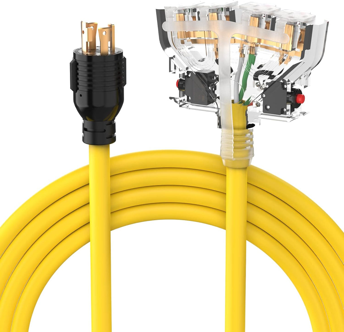 30A 125V 3750 Watts Generator Power Extension Cord NEMA L5-30P to Three 5-20R Receptacles 25 Feet 10 Gauge SJTW Pack of 2 X42485