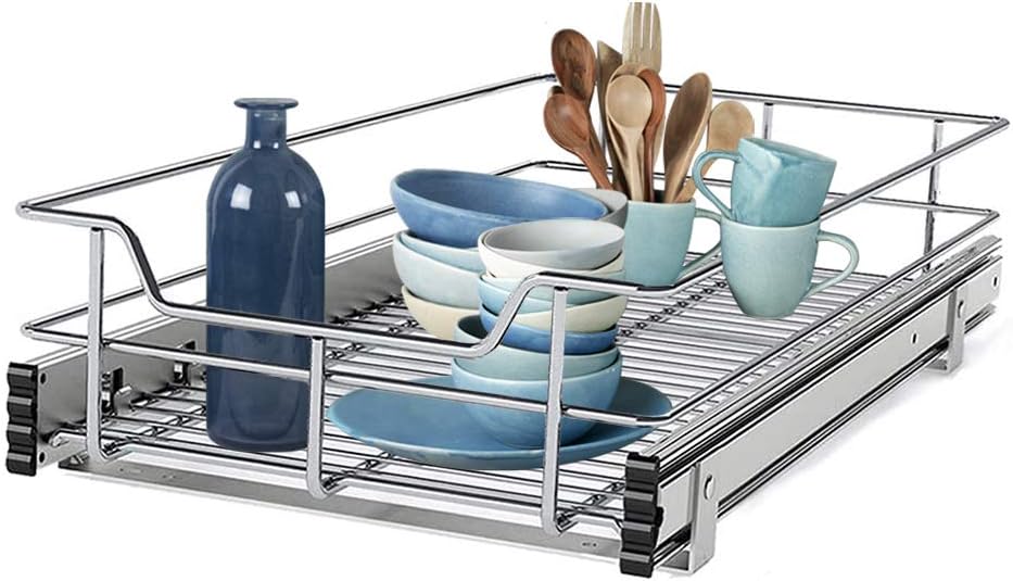2 Tier Wire Basket Pull Out Organizer Shelf Sliding Drawer Storage for Kitchen Base T9476