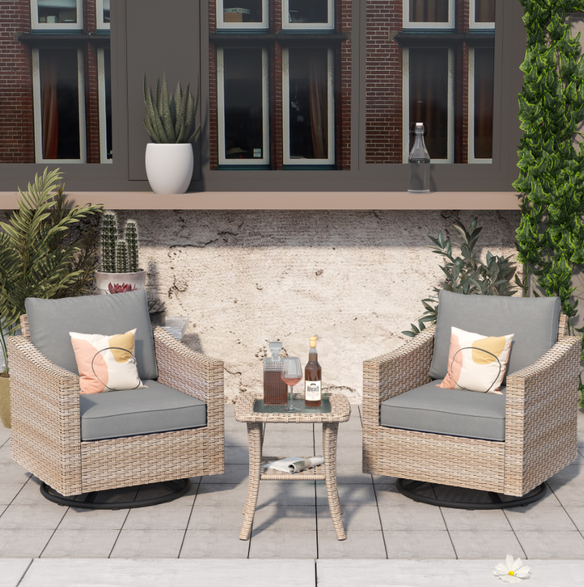 3 Pieces Patio Wicker Swivel Chairs with Cushions and Glass Top Table A461453