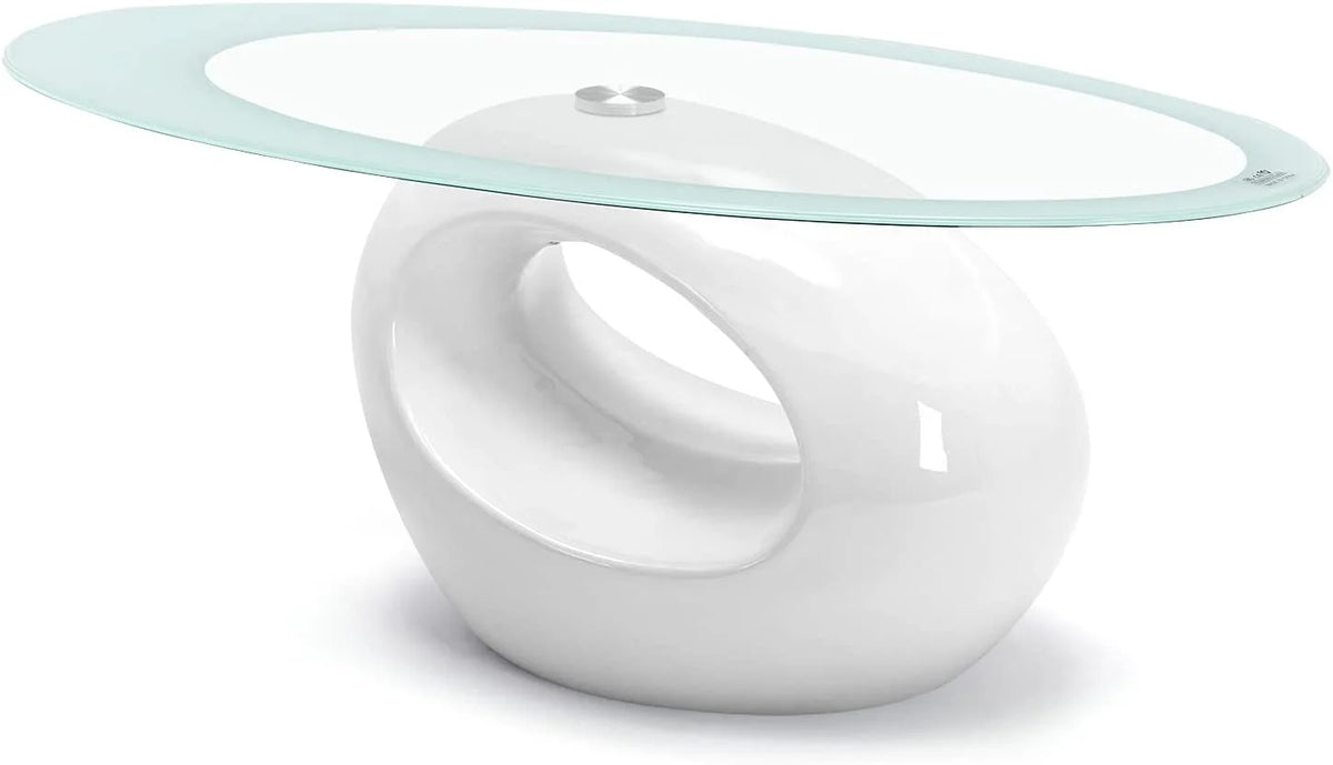 Oval Glass Coffee Table with High Gloss White Base U4354