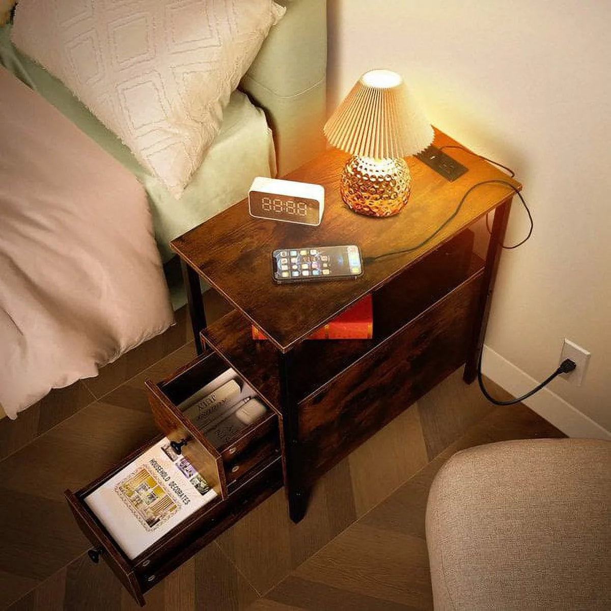3-Tier End Side Table with Drawers and Charging Station G45565