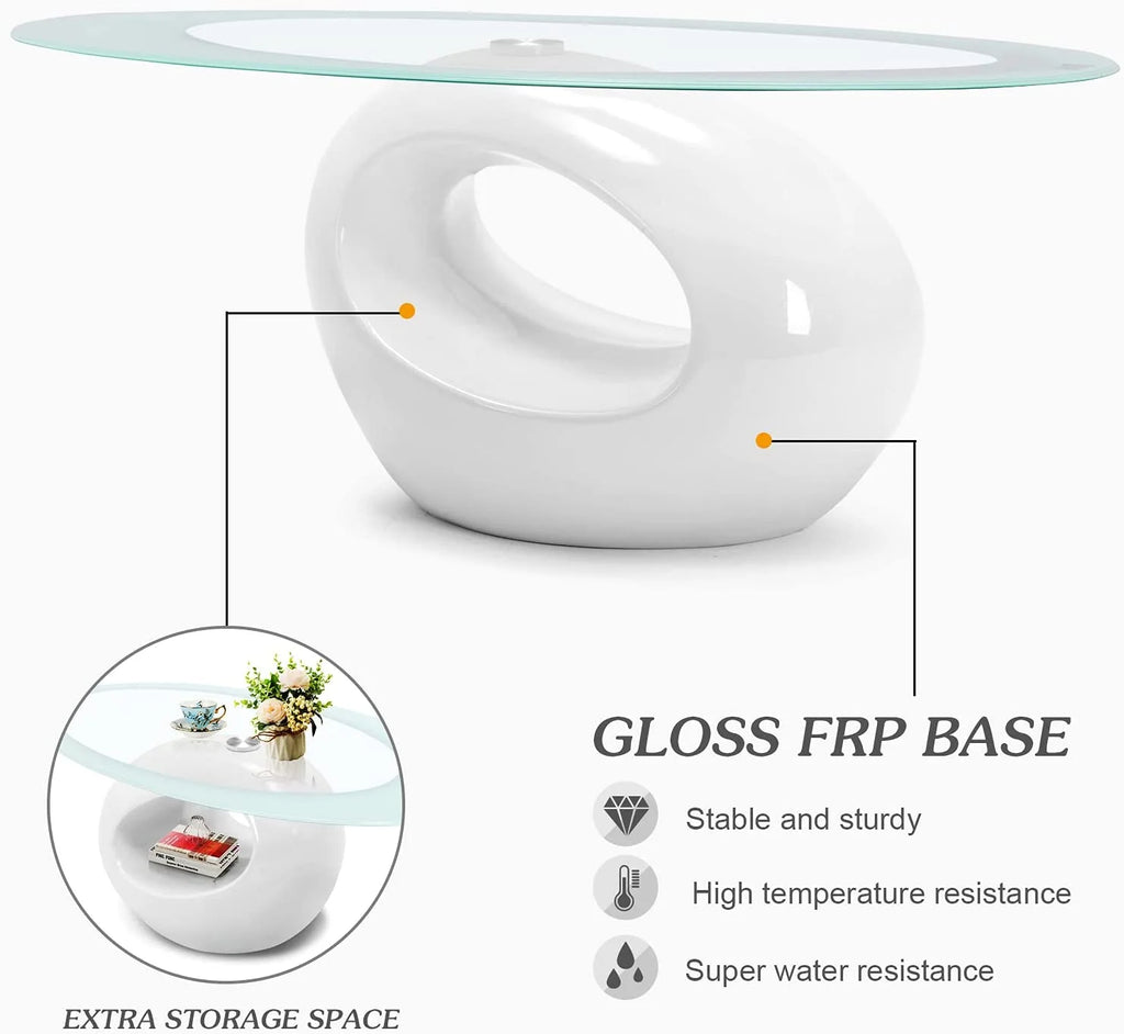 Oval Glass Coffee Table with High Gloss White Base U4354