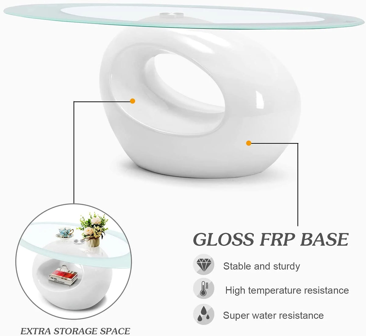 Oval Glass Coffee Table with High Gloss White Base U4354