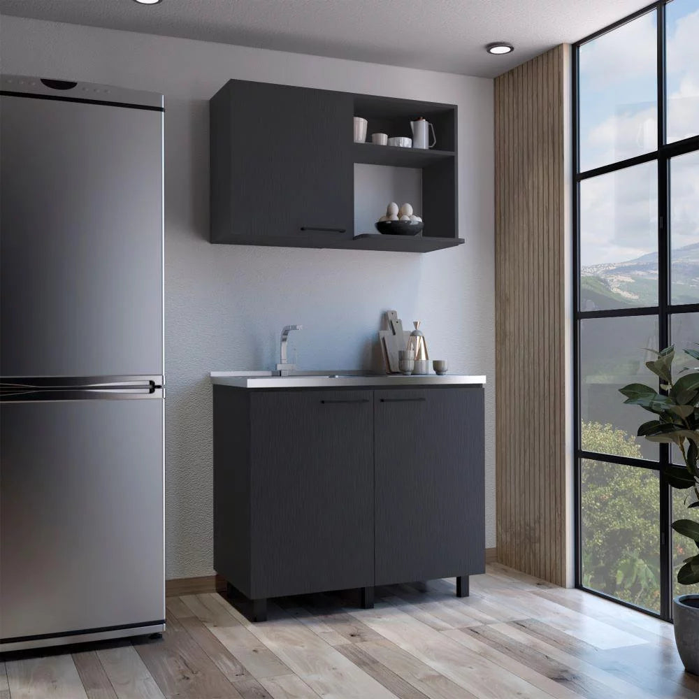 2 Piece Kitchen Set, Wall Cabinet + Utility Sink, Black Wengue Finish H771