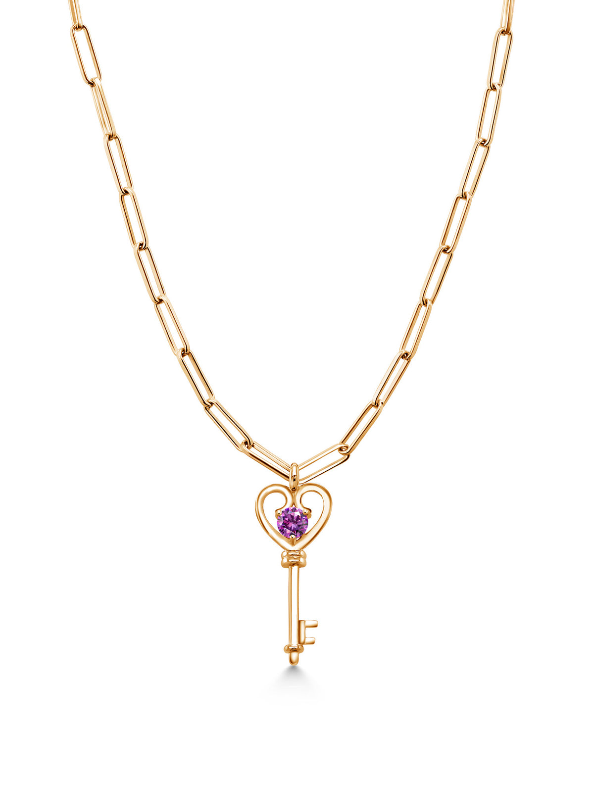 18K Yellow Gold Plated Silver Heart Key Pendant with Paperclip Link Chain 18 inch with 2 inch Extender Set with Round Purple Zirconia C90601