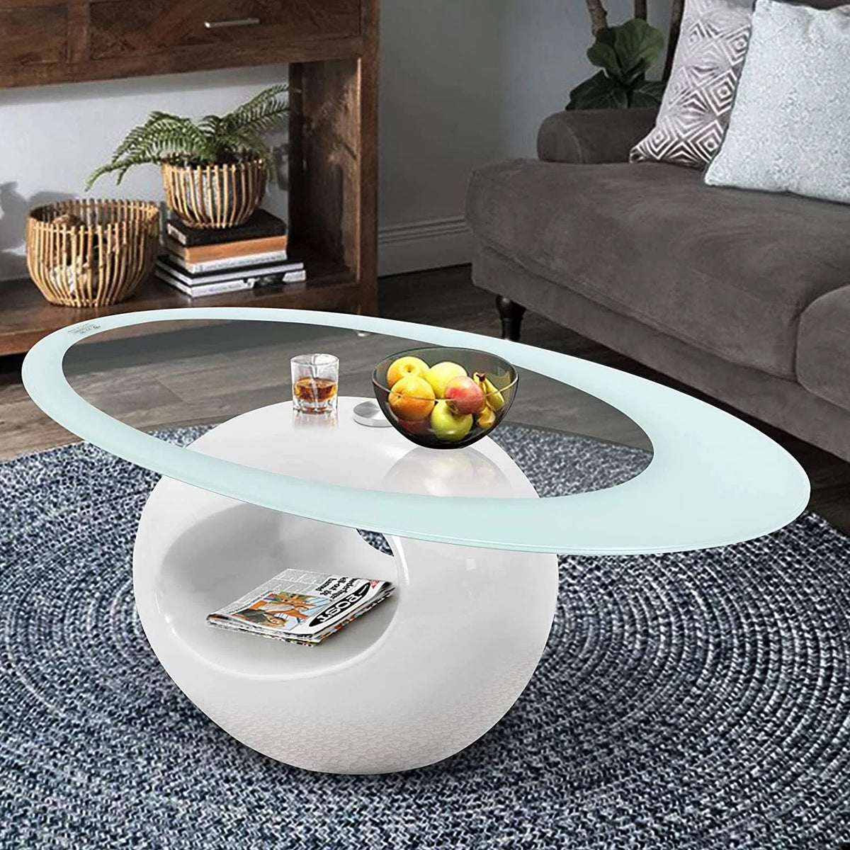 Oval Glass Coffee Table with High Gloss White Base U4354
