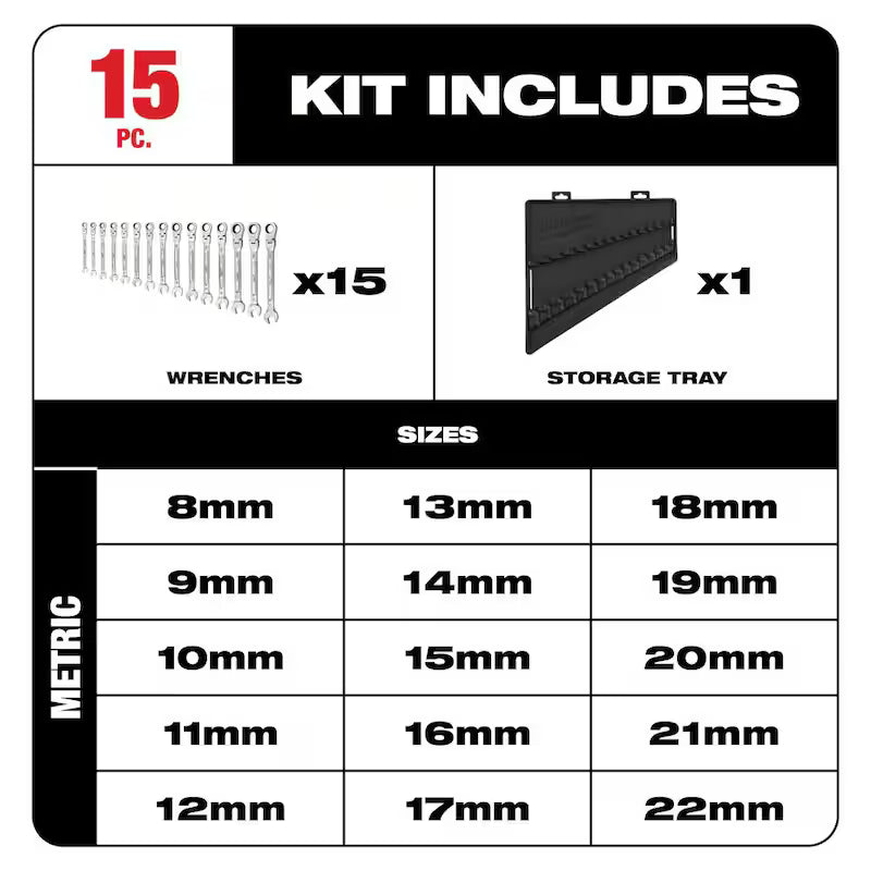 15-Piece Flex-Head Ratcheting Combination Wrench Set Metric R874