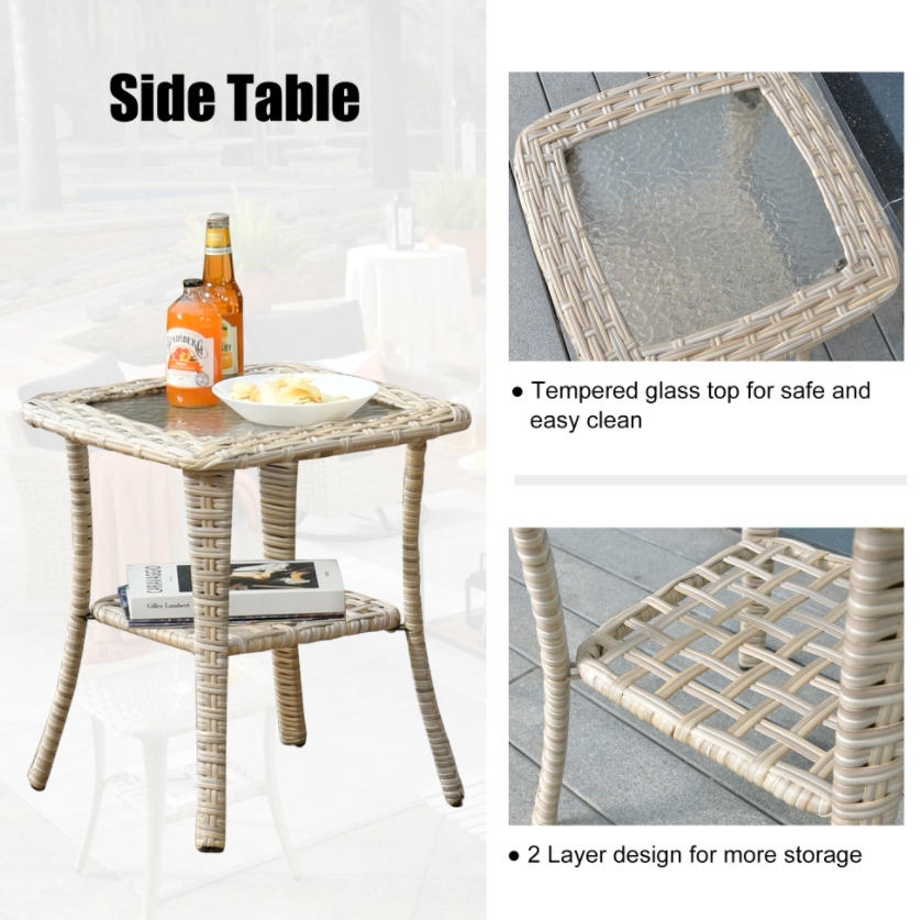 3 Pieces Patio Wicker Swivel Chairs with Cushions and Glass Top Table A461453