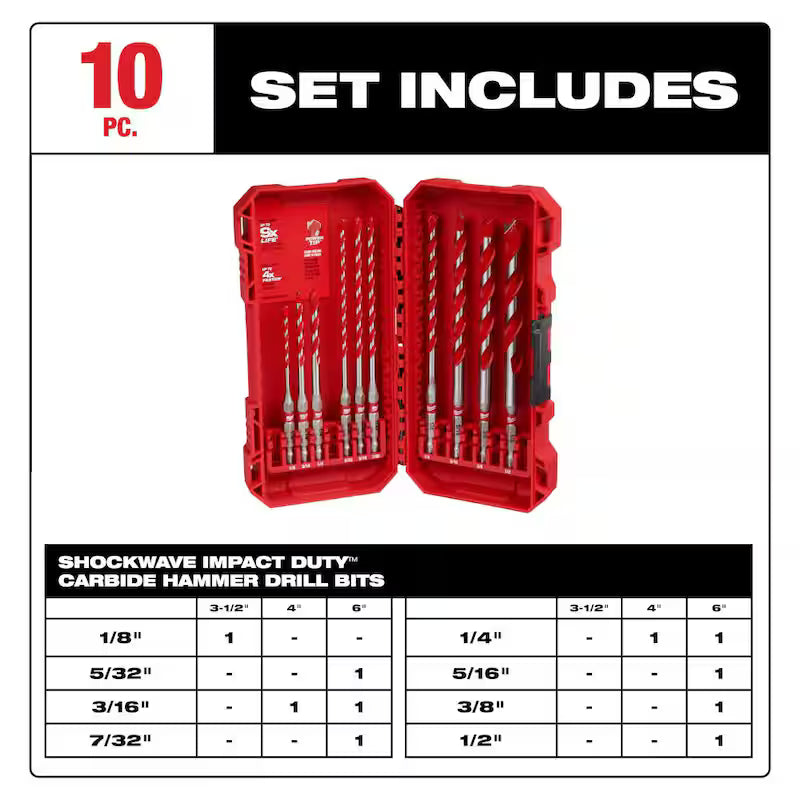 10-Piece Carbide Hammer Drill Bit Set M946