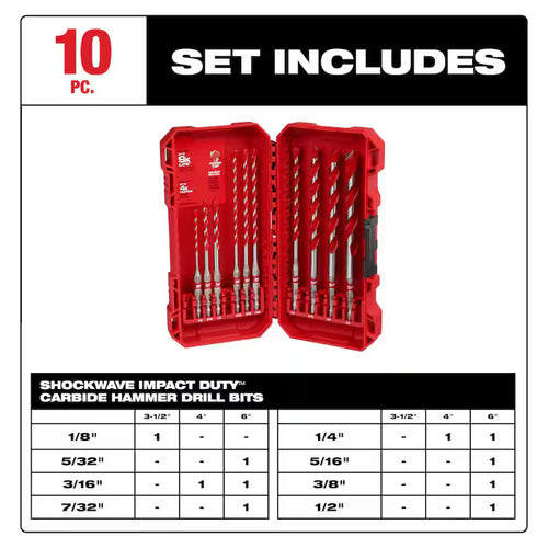 10-Piece Carbide Hammer Drill Bit Set M946