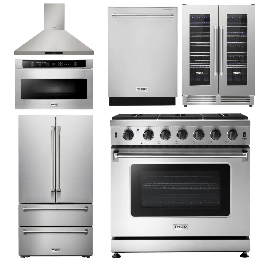 36 Propane Gas Range, Range Hood, Microwave, Refrigerator, Dishwasher, Wine Cooler E2613