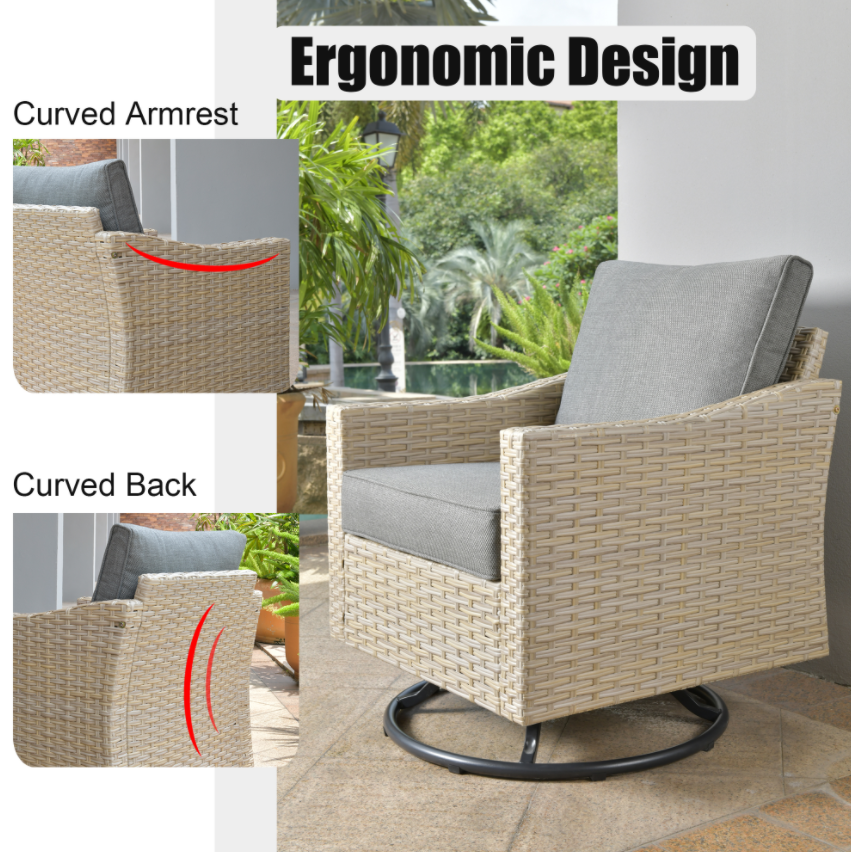 3 Pieces Patio Wicker Swivel Chairs with Cushions and Glass Top Table A461453