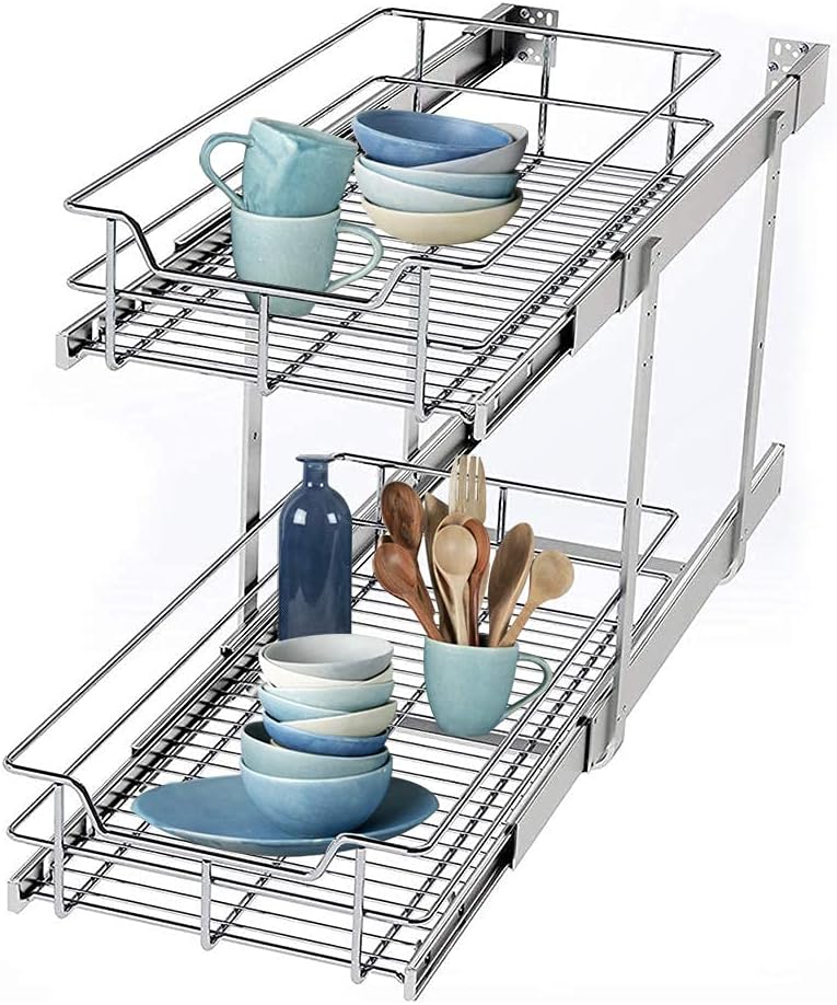 2 Tier Wire Basket Pull Out Organizer Shelf Sliding Drawer Storage for Kitchen Base T9476