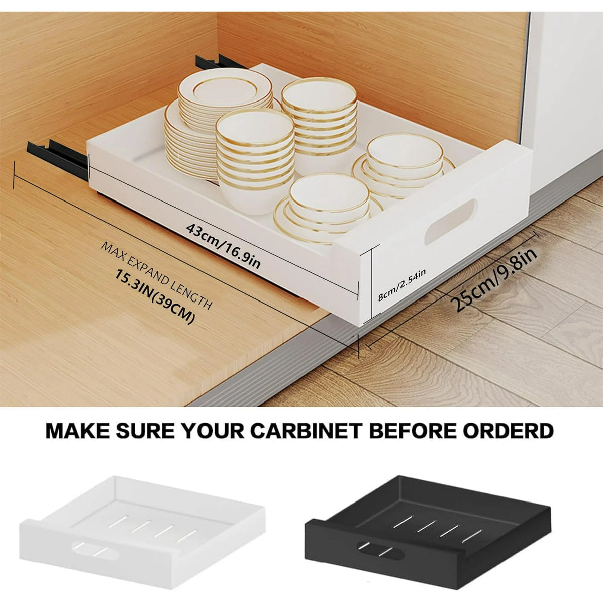 2 Pack Pull Out Drawers for Cabinets, 10W x 16.9D x 3.1H Carbon Steel Q76324