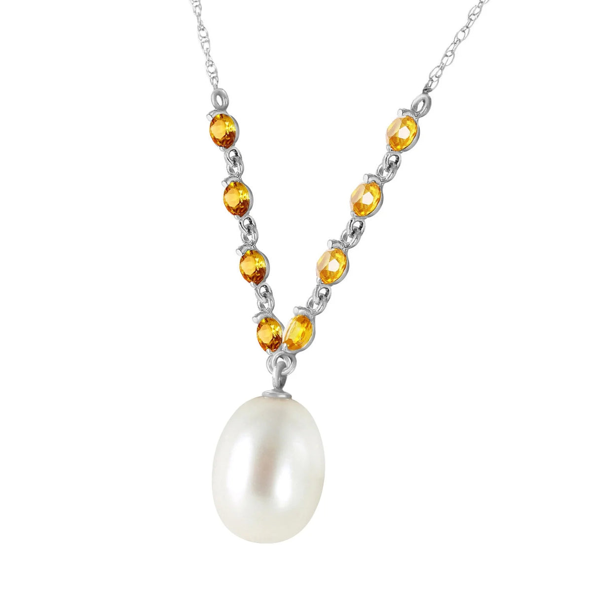 14k Solid White Gold Necklace with Natural Citrines and Freshwater-cultured Pearl F980