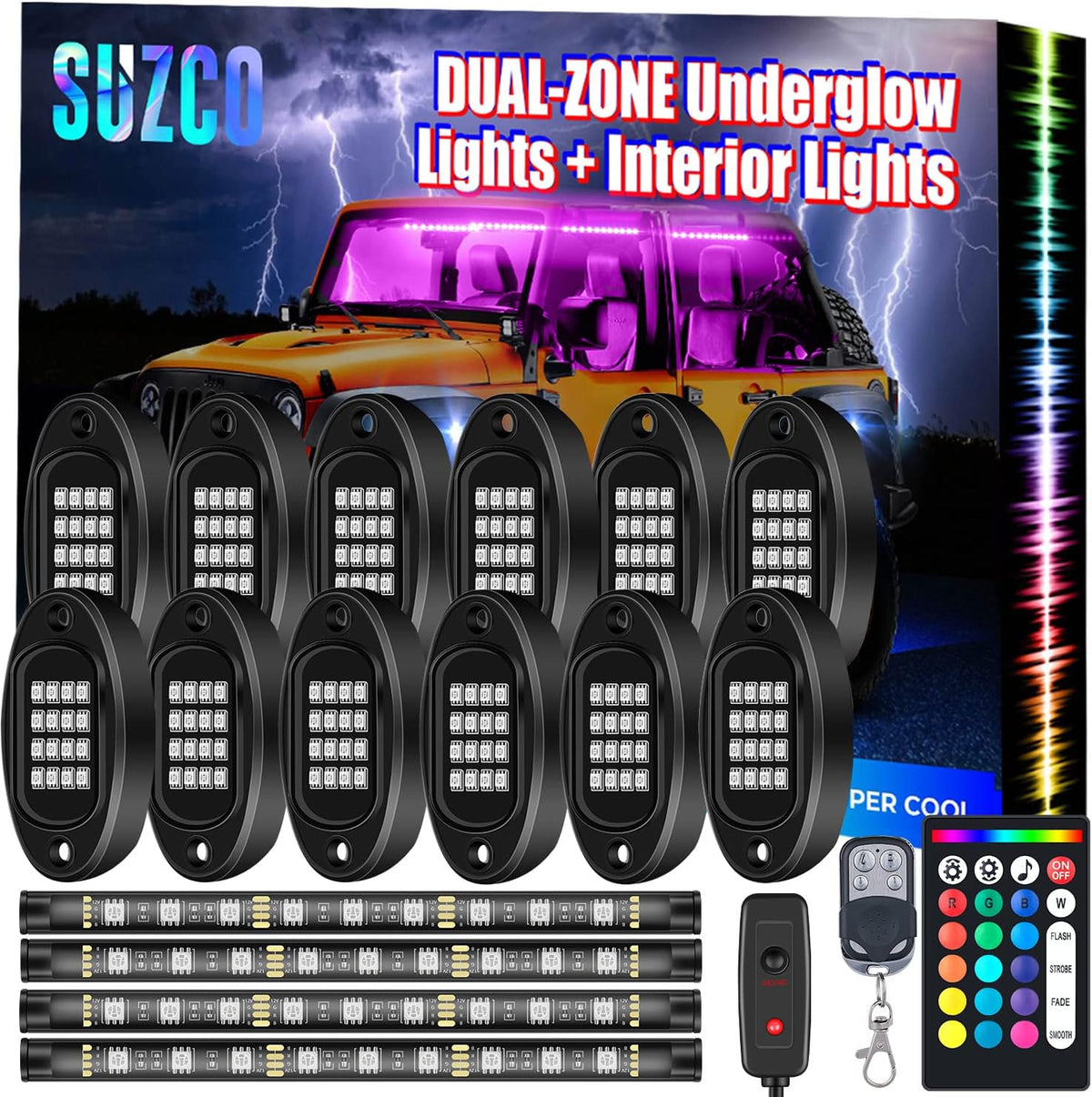 12-pods LED RGB Neon Underglow Rock Lights Kit with 4-Pcs Interior Light Kit, 192LEDs Waterproof 12V M9185
