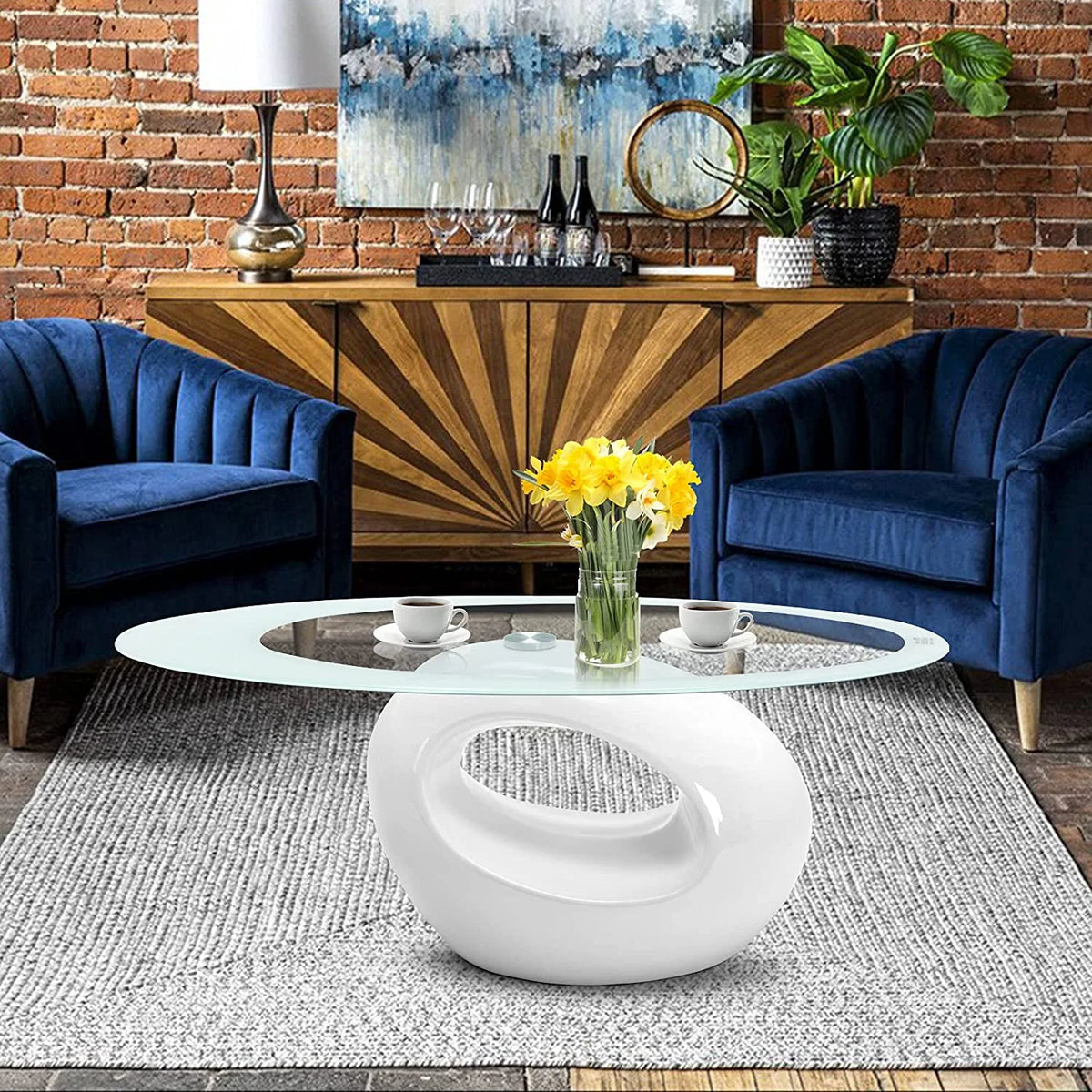 Oval Glass Coffee Table with High Gloss White Base U4354