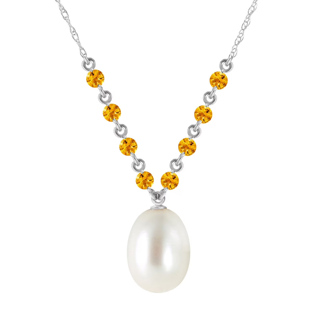 14k Solid White Gold Necklace with Natural Citrines and Freshwater-cultured Pearl F980