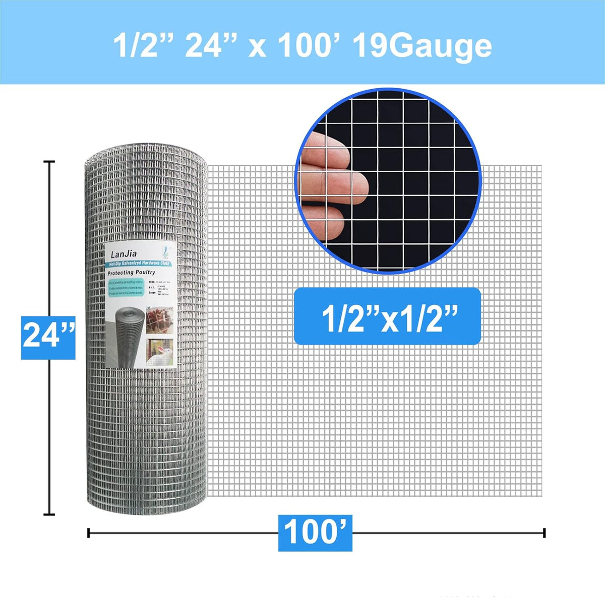 1/2inch Galvanized Hardware Cloth 24" x 100' 19 Gauge Chicken Wire Mesh Roll I407168