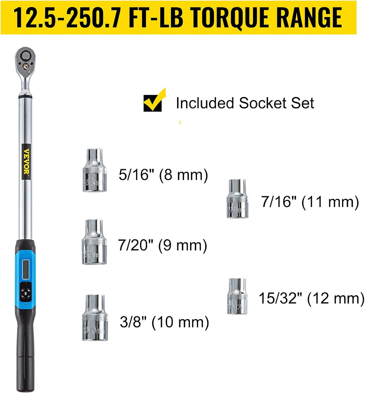 1/2 Drive Digital Torque Wrench 12.5-250.7 ft-lb with Socket Set & Case V43129