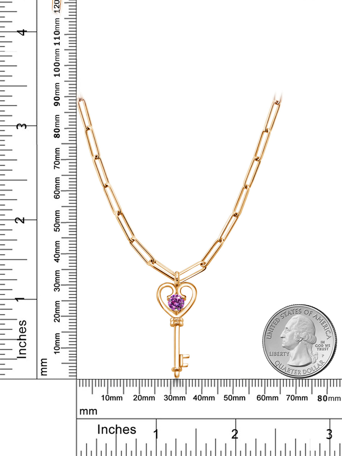 18K Yellow Gold Plated Silver Heart Key Pendant with Paperclip Link Chain 18 inch with 2 inch Extender Set with Round Purple Zirconia C90601