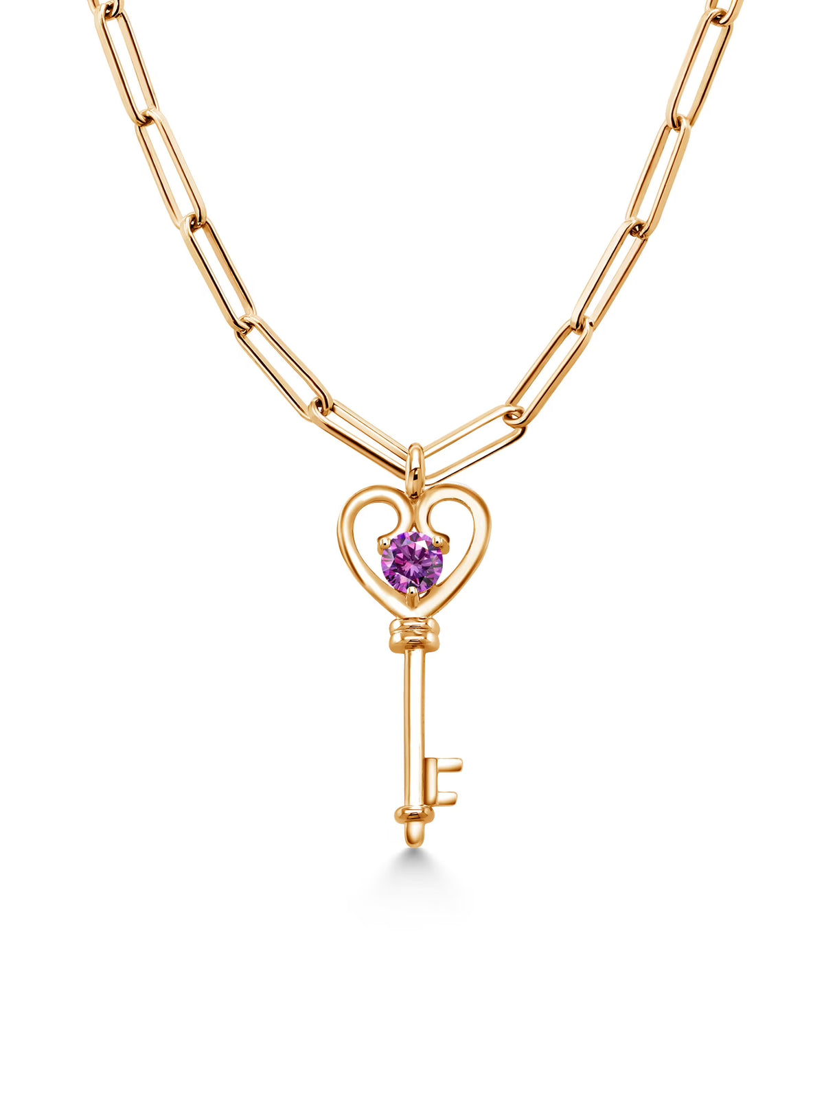 18K Yellow Gold Plated Silver Heart Key Pendant with Paperclip Link Chain 18 inch with 2 inch Extender Set with Round Purple Zirconia C90601