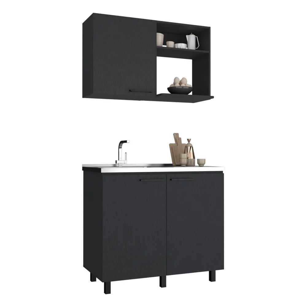 2 Piece Kitchen Set, Wall Cabinet + Utility Sink, Black Wengue Finish H771