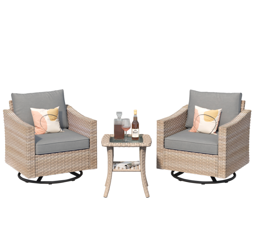3 Pieces Patio Wicker Swivel Chairs with Cushions and Glass Top Table A461453