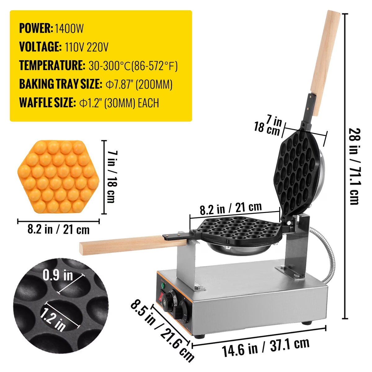1400W Electric Nonstick Bubble Waffle Maker G540