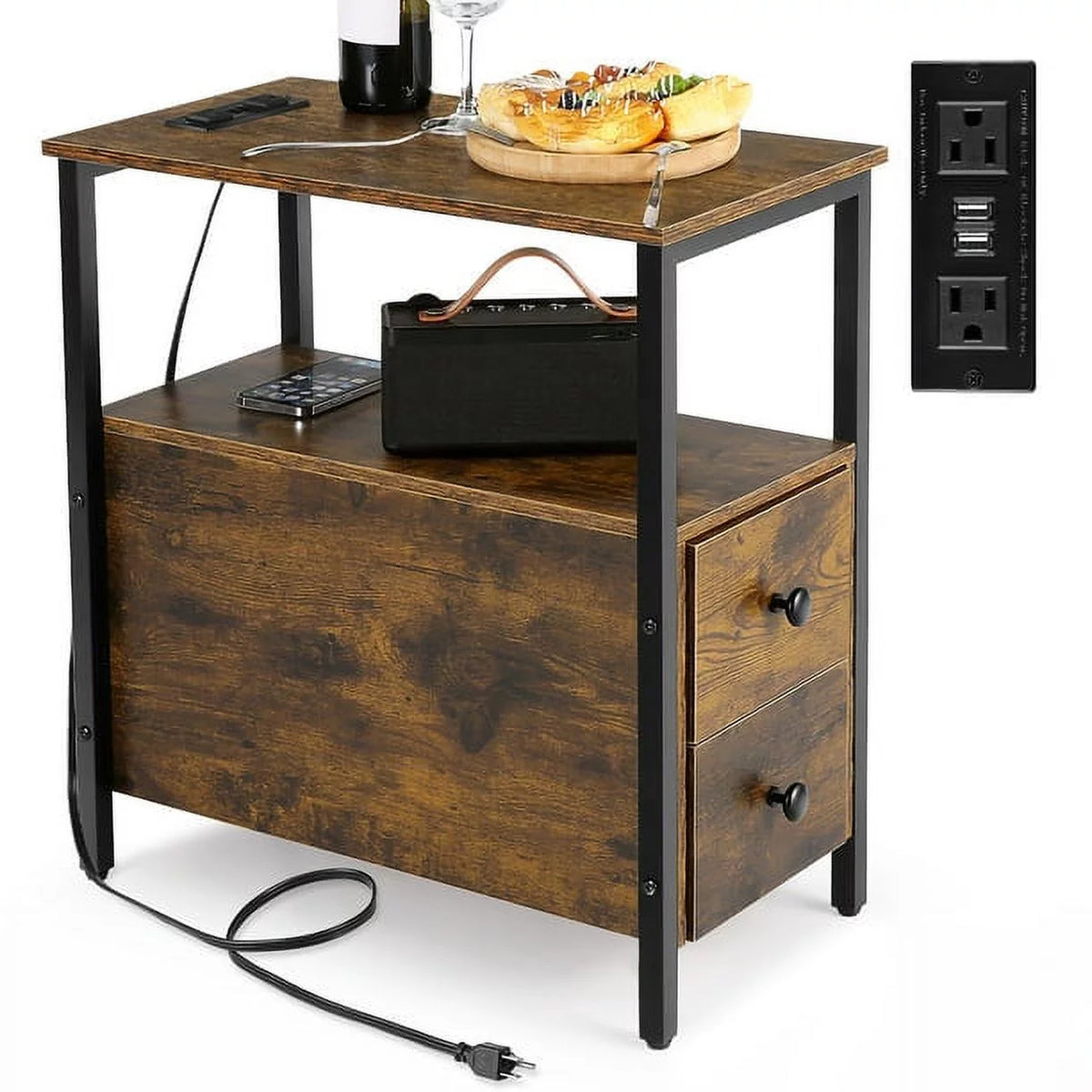 3-Tier End Side Table with Drawers and Charging Station G45565