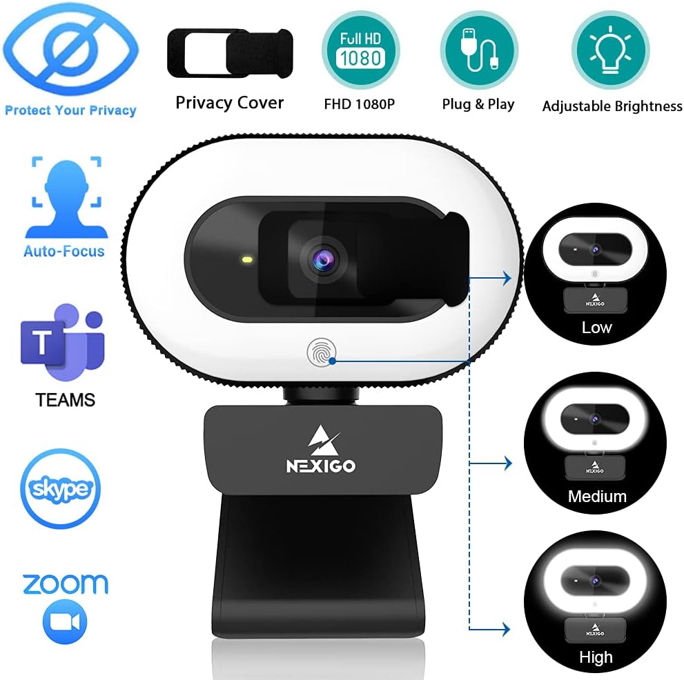 1080P Webcam with Ring Light and Privacy Cover L95652