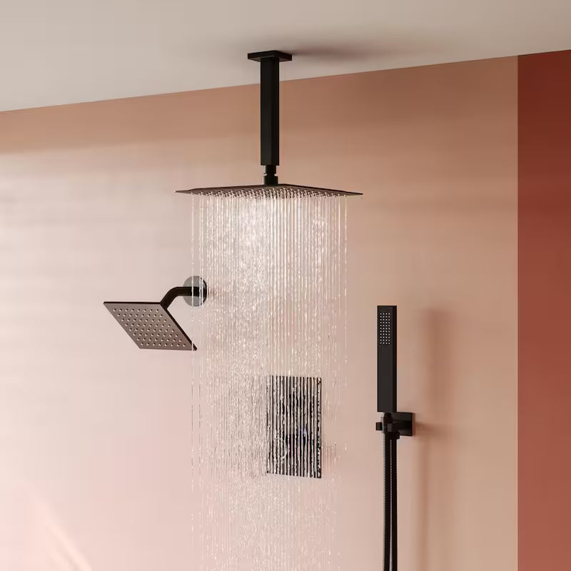 12 in. 6 in. Rainfall Wall and Ceiling Mount 2.5 GPM Fixed and Handheld Shower Head Matte Black R911816