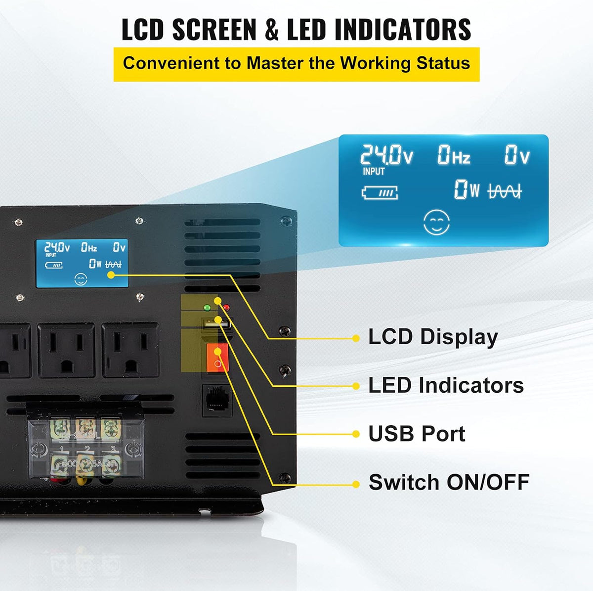3500 Watt Pure Sine Wave Power Inverter, DC 24V to AC 120V, with USB Port and Remote Controller M630