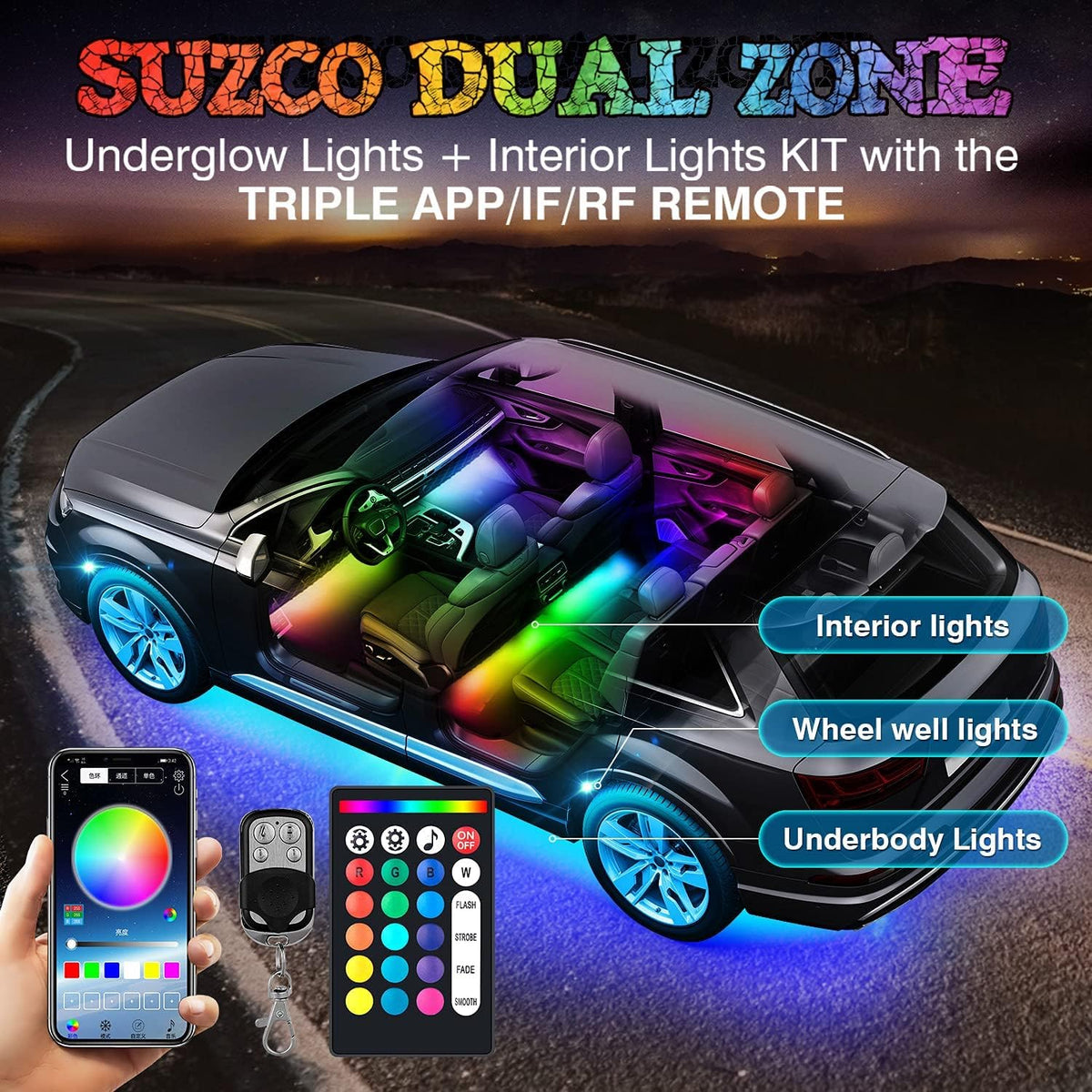 12-pods LED RGB Neon Underglow Rock Lights Kit with 4-Pcs Interior Light Kit, 192LEDs Waterproof 12V M9185
