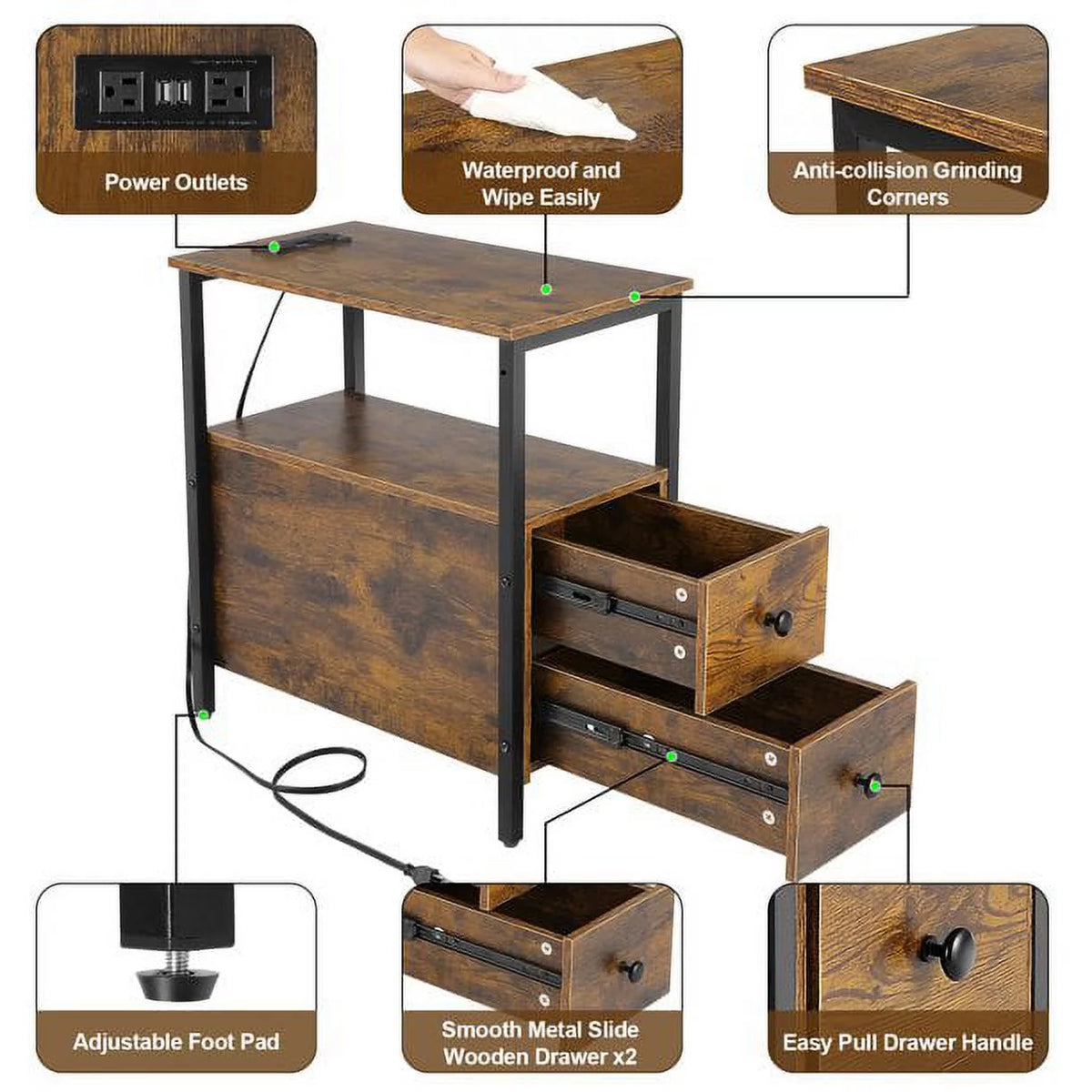 3-Tier End Side Table with Drawers and Charging Station G45565