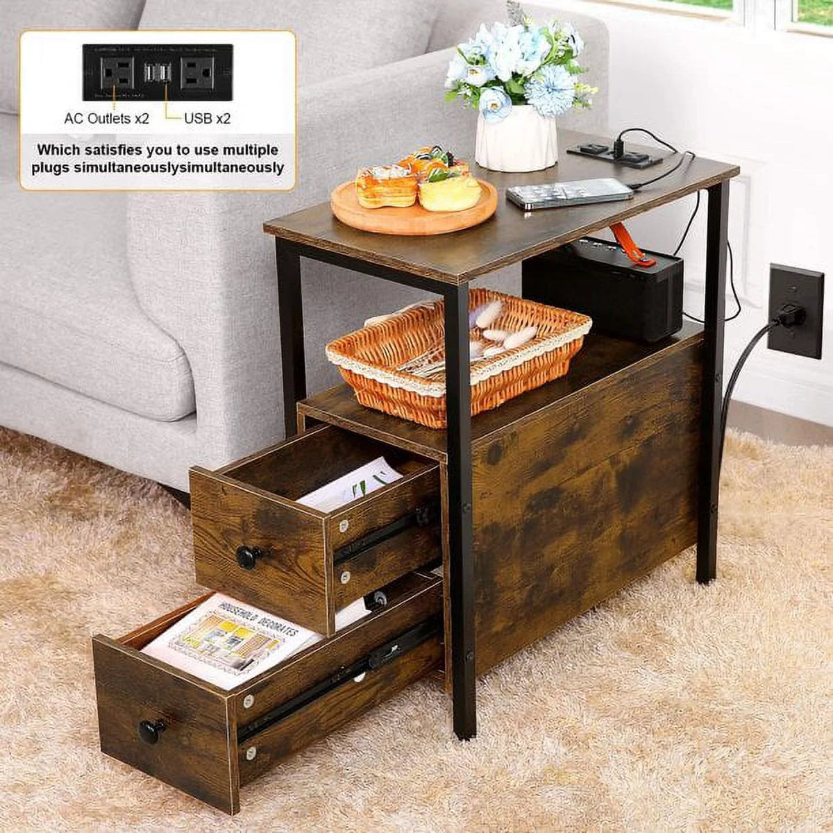 3-Tier End Side Table with Drawers and Charging Station G45565
