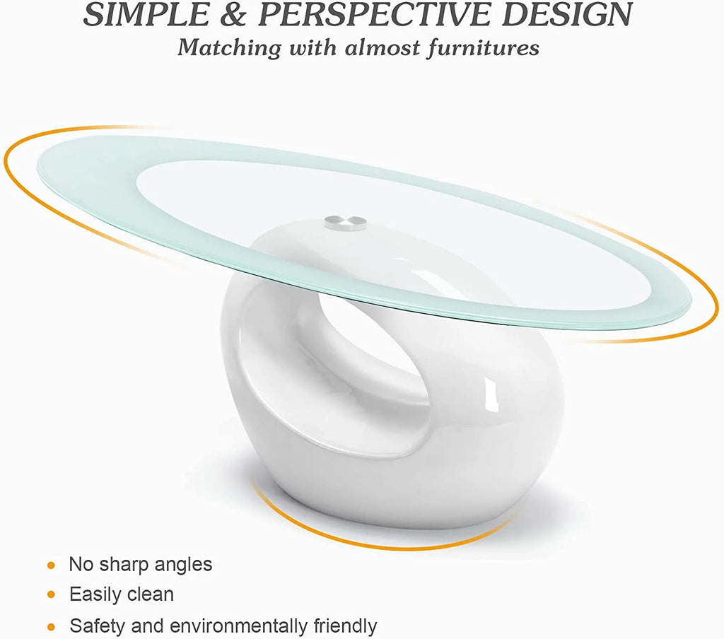 Oval Glass Coffee Table with High Gloss White Base U4354