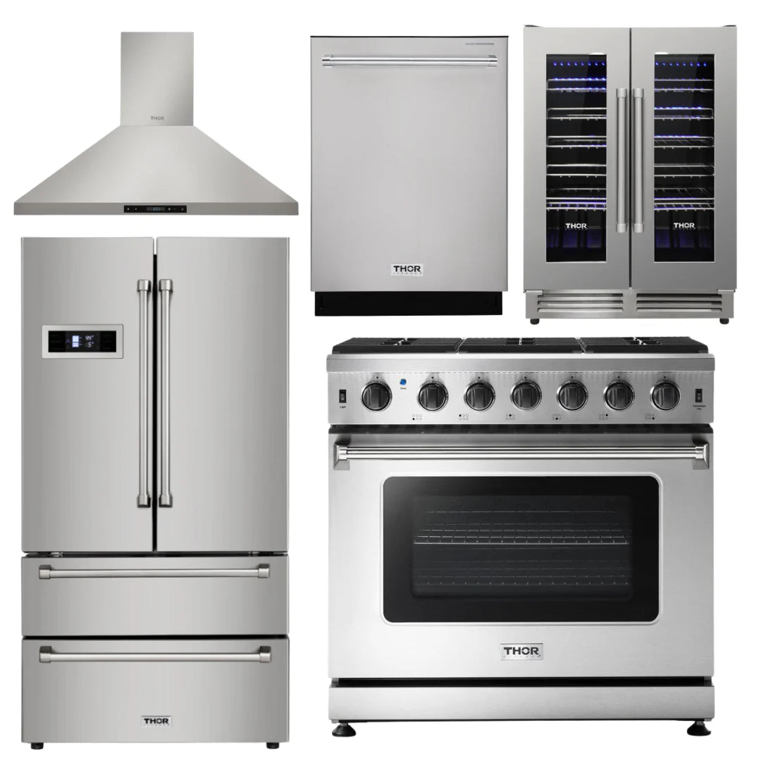 36 in. Natural Gas Range, Range Hood, Refrigerator, Dishwasher, Wine Cooler R179745