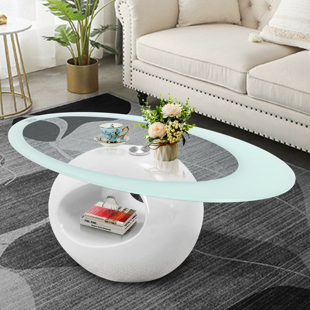 Oval Glass Coffee Table with High Gloss White Base U4354