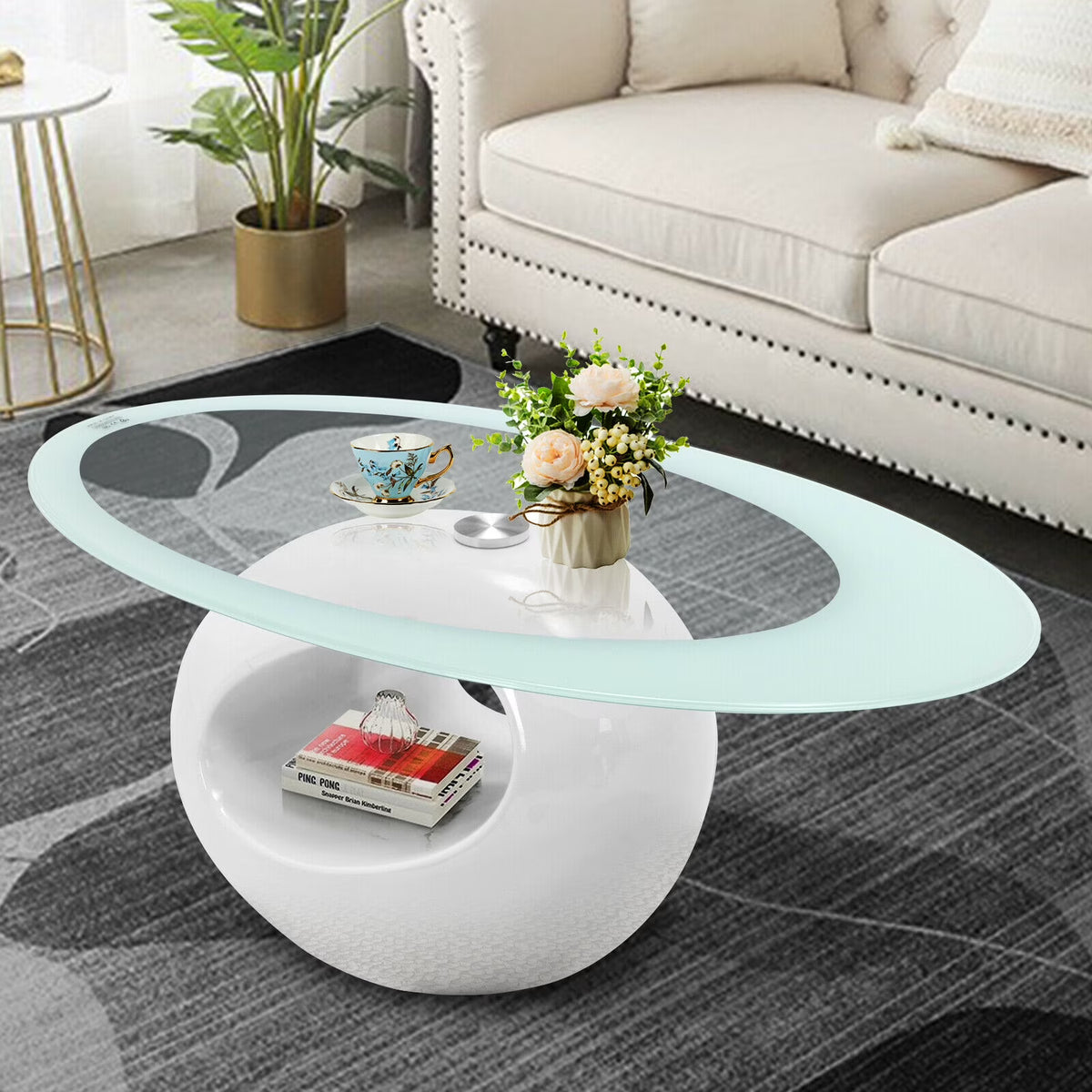 Oval Glass Coffee Table with High Gloss White Base U4354